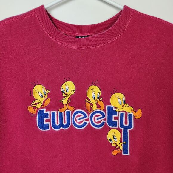 Vtg 90s Tweety Bird‎ Sweater Womens L Embroidered Looney Tunes Warner Bros Pink - Picture 2 of 10